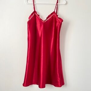 Vintage Aegean Apparel Elegant Red Satin Lace Trim Slip Dress Babydoll Coquette